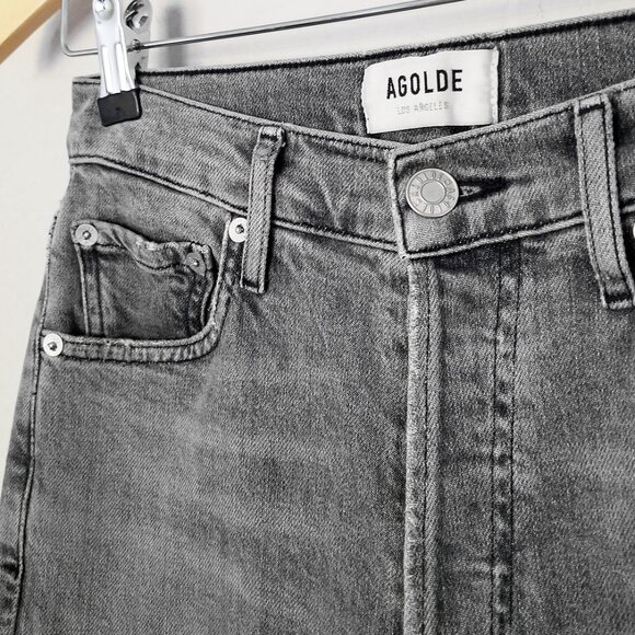 AGOLDE‎ Nico High Waist Rise Slim Jeans Risk Grey Stone Wash 25 Raw Hem $198 - Picture 7 of 16